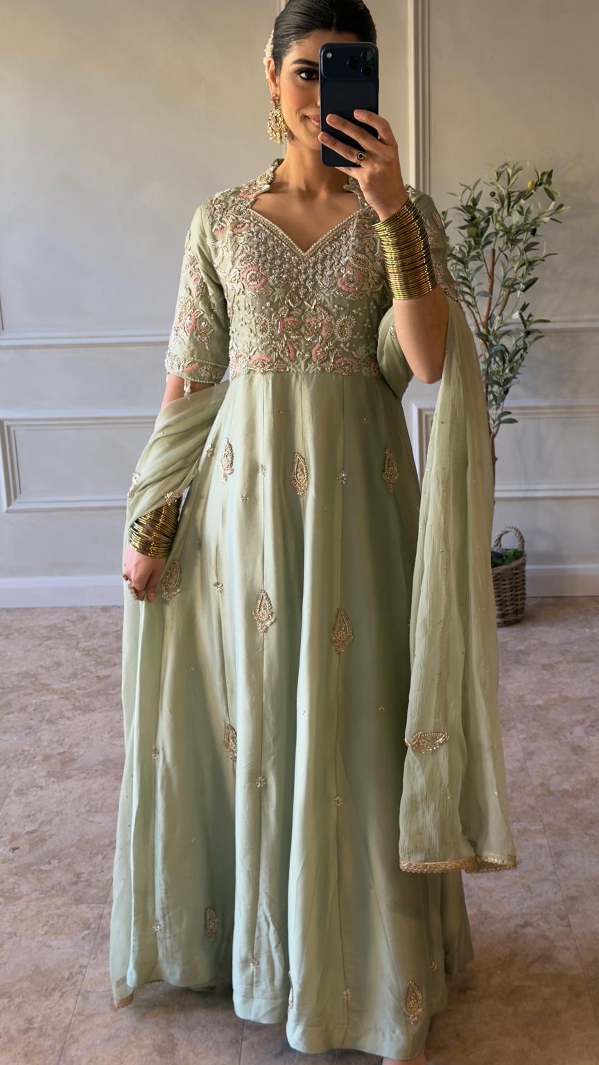 Mint Green Embroidered Anarkali Formal Dress XS / Long