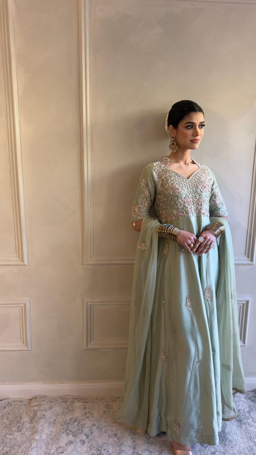 Mint Green Embroidered Anarkali Formal Dress XS / Long